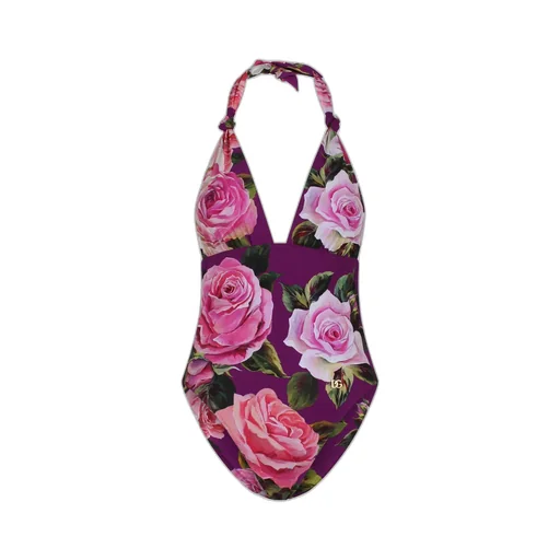 Rose Printed One-Piece V-Neck Swimsuit