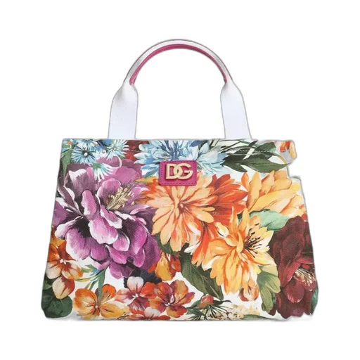 Floral-Printed Logo Plaque Tote Bag