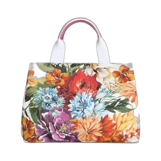 Floral-Printed Logo Plaque Tote Bag