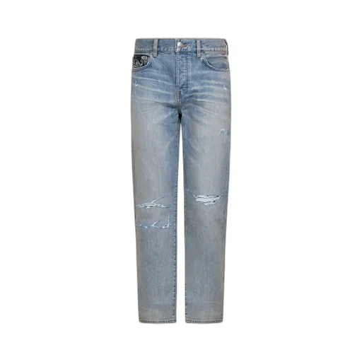 Logo Patch Distressed Straight-Leg Jeans