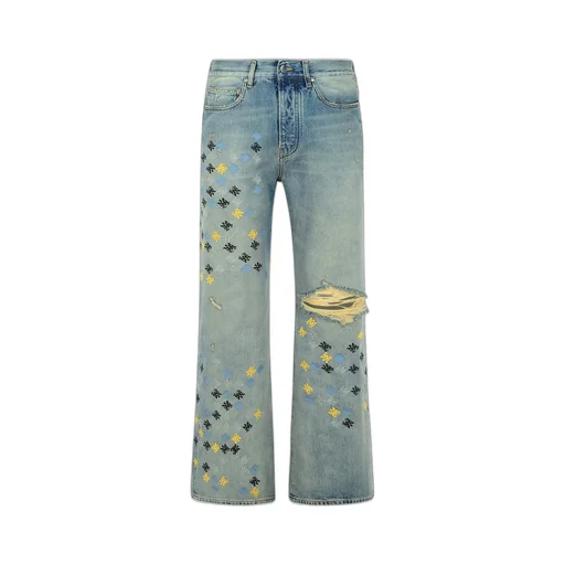 Ma Quad Embroidered Distressed Flared Jeans