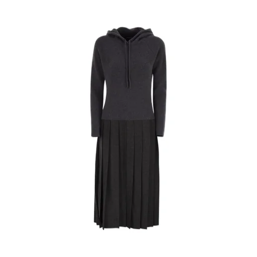 Hooded Ribbed Pleated Dress