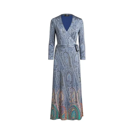 All-Over Patterned V-Neck Long-Sleeved Dress