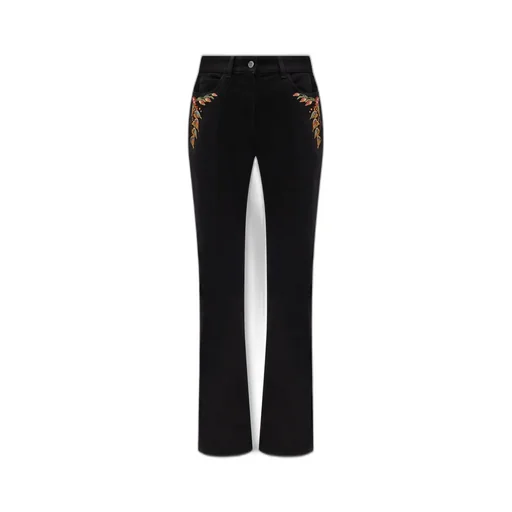 Foliage-Embroidered Flared Leg Jeans