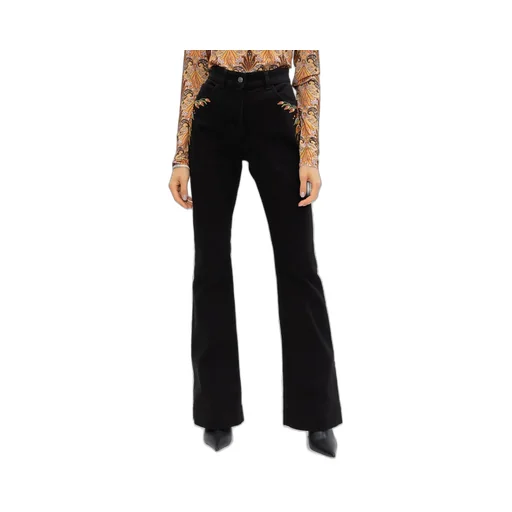 Foliage-Embroidered Flared Leg Jeans
