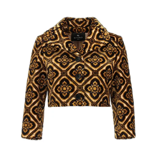 Geometric-Printed Buttoned Cropped Jacket