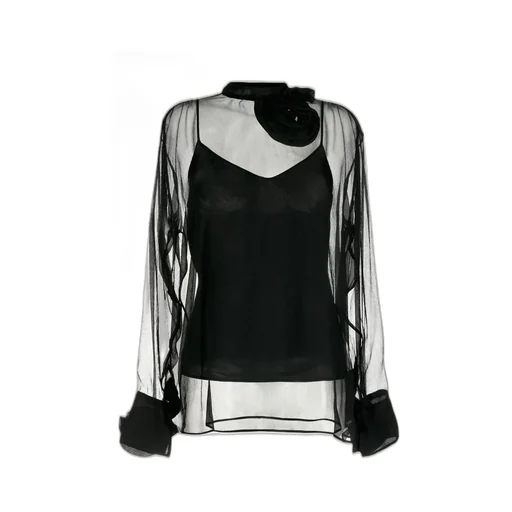 Floral-Appliqué Semi Sheer Blouse