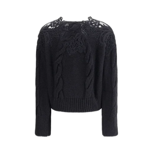Lace-Insert Cable-Knit Crewneck Jumper