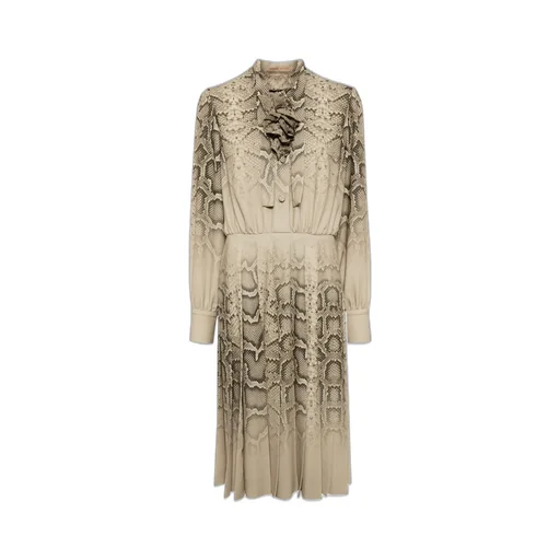 Bow-Detailed Printed Pleated Midi Dress