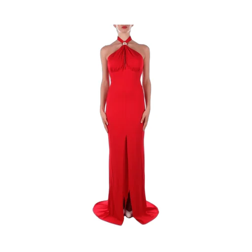 Logo Plaque Draped Red Carpet Dress