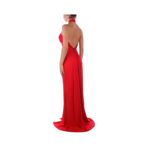 Logo Plaque Draped Red Carpet Dress