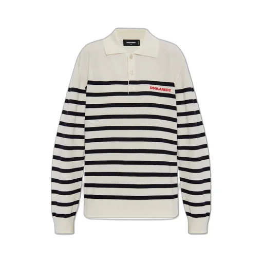 Logo Embroidered Striped Knit Polo Top