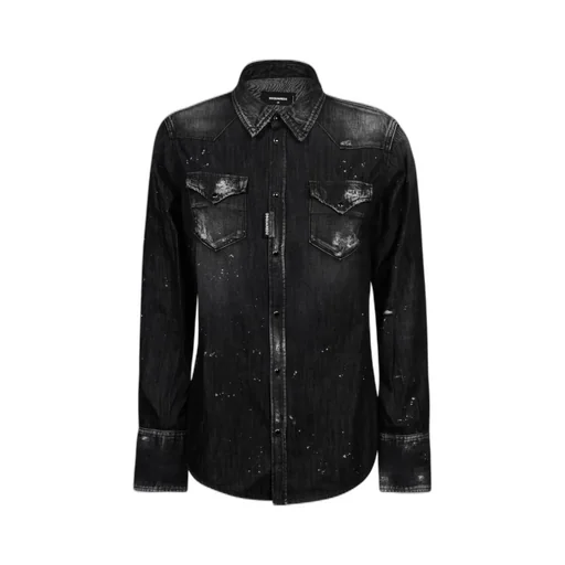 Splatter Curved Hem Long-Sleeved Denim Shirt