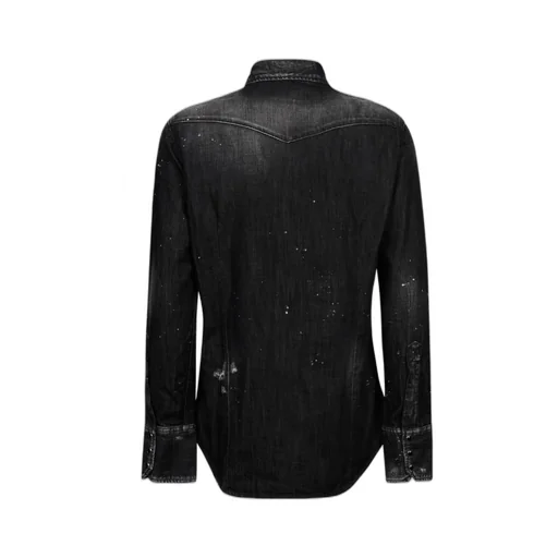 Splatter Curved Hem Long-Sleeved Denim Shirt