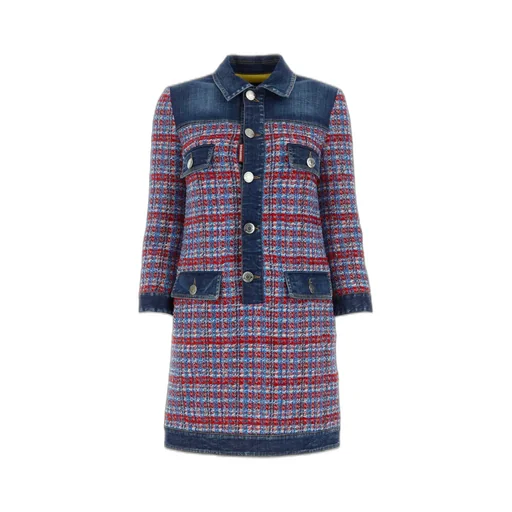 Panelled Tweed Buttoned Denim Mini Dress