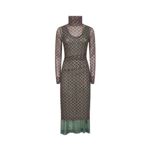 High-Neck Long-Sleeved Gathered Dress