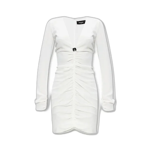 Long Sleeved V-Neck Gathered Mini Dress