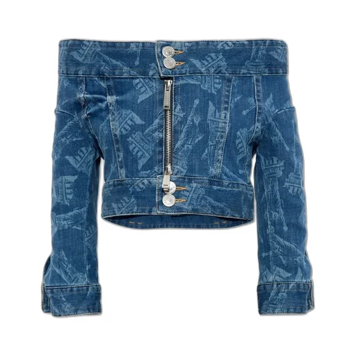 X Vaquera Off-Shoulder Cropped Denim Jacket