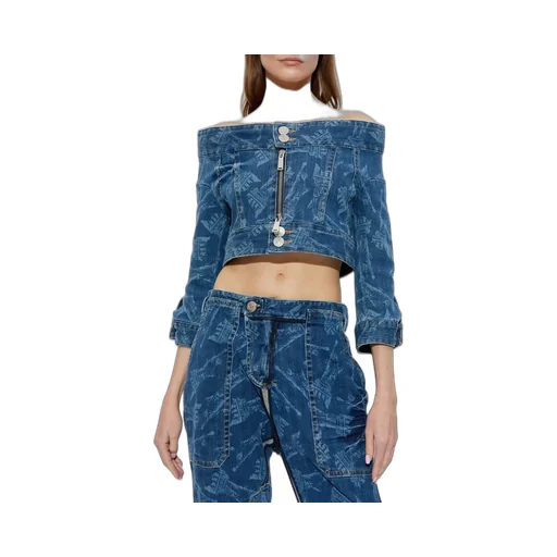 X Vaquera Off-Shoulder Cropped Denim Jacket