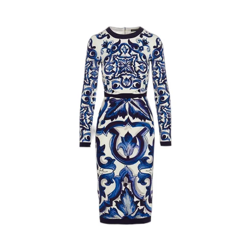 Majolica-Print Long-Sleeved Dress