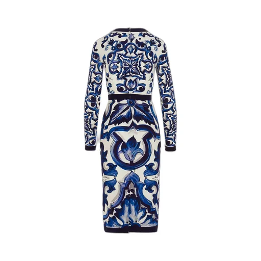Majolica-Print Long-Sleeved Dress