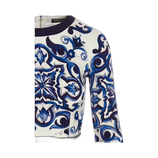 Majolica-Print Long-Sleeved Dress