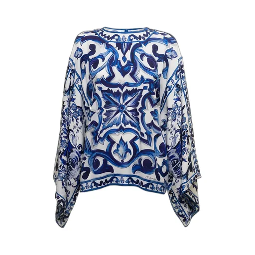 Majolica-Print Round Neck Charmeuse Blouse