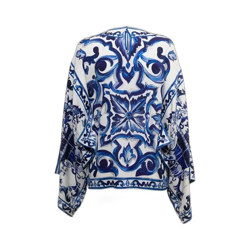 Majolica-Print Round Neck Charmeuse Blouse