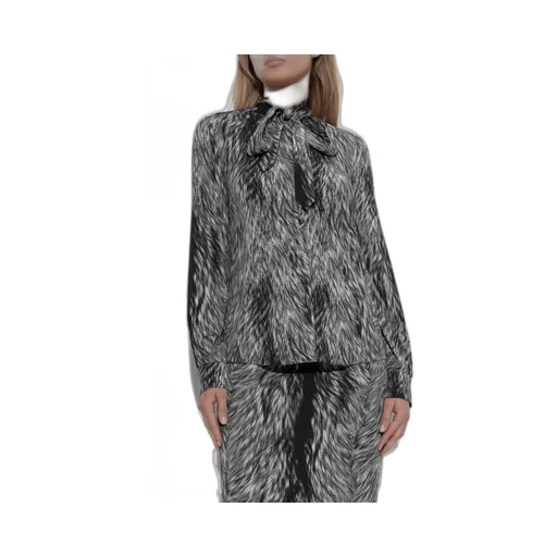 Fur Printed Pussy-Bow Charmeuse Shirt