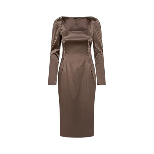 Deep Beveled Neck Midi Satin Dress