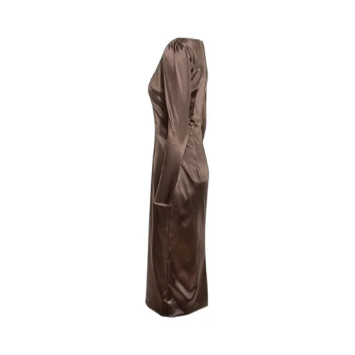 Deep Beveled Neck Midi Satin Dress
