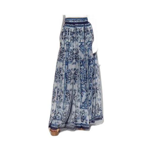 Long Majolica-Printed Chiffon Skirt