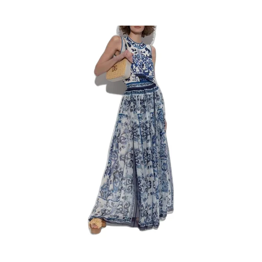 Long Majolica-Printed Chiffon Skirt
