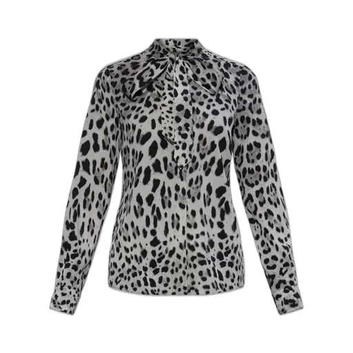 Leopard Printed Pussy-Bow Charmeuse Shirt