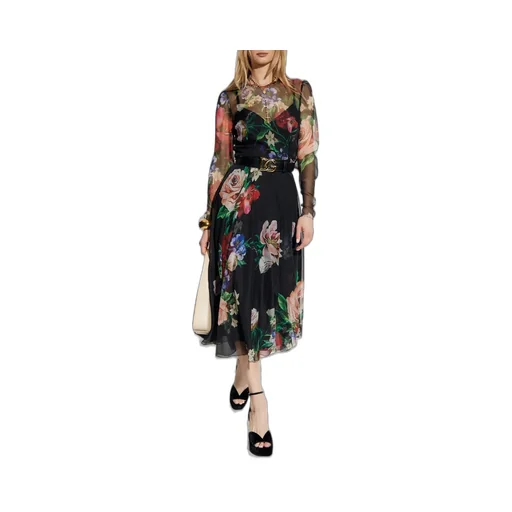 Floral Printed Chiffon Calf-Length Dress