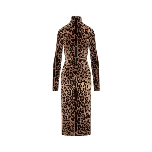 Leopard-Printed High-Neck Mid-Length Dress