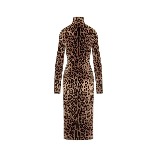 Leopard-Printed High-Neck Mid-Length Dress