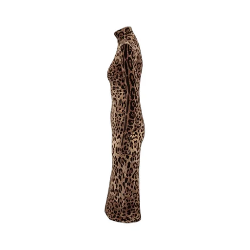 Leopard-Printed High-Neck Mid-Length Dress