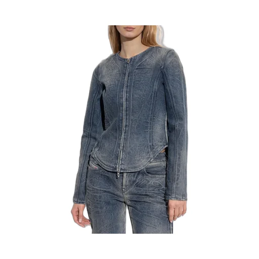 Round Neck Zip-Up Denim Jacket