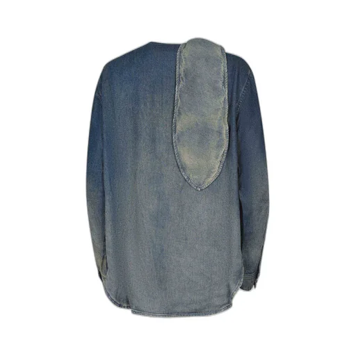 Tie-Neck Curved Hem Denim Blouse