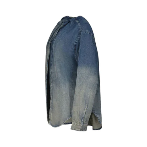 Tie-Neck Curved Hem Denim Blouse