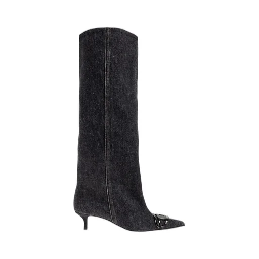 D-Venus Logo Plaque Pointed-Toe Denim Boots