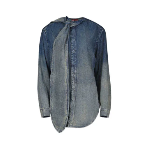 Tie-Neck Curved Hem Denim Blouse