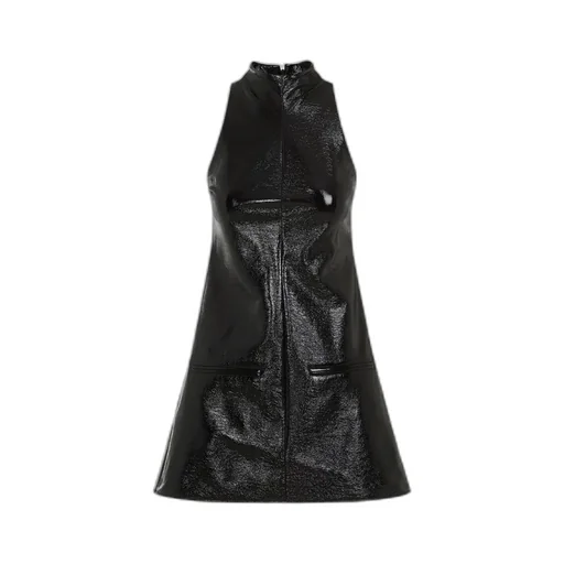 Mock-Neck Sleeveless Vinyl A-Line Dress