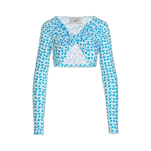Patterned Ruched Long-Sleeved Cropped Top
