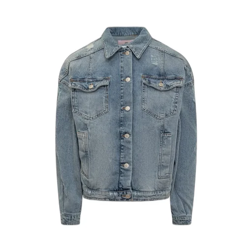 Logo Embroidered Distressed Denim Jacket