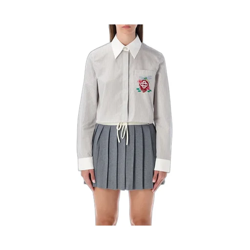 Pinstripe Embroidered Cropped Shirt