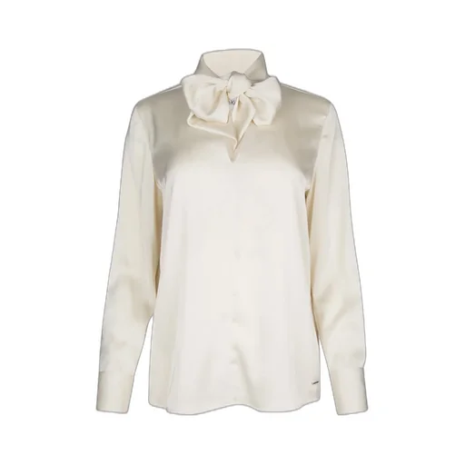 Pussy-Bow Collar Curved Hem Satin Blouse