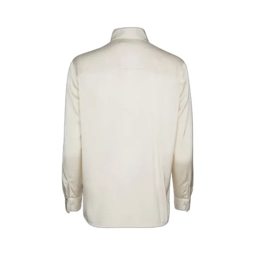Pussy-Bow Collar Curved Hem Satin Blouse