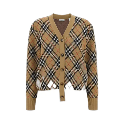Checked Button-Up Knitted Cardigan